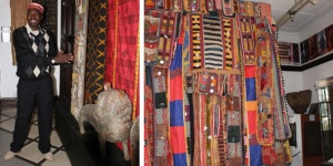Felix Kipkoech Tiony, a member of the Kenya Professional Safari Guides Association, talks about African textiles at the Nairobi Gallery. Right, Nigerian textiles on display at the gallery.